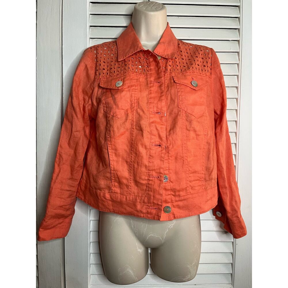 Chico's 100% linen short jacket openwork back M‎ MOP buttons Perfect